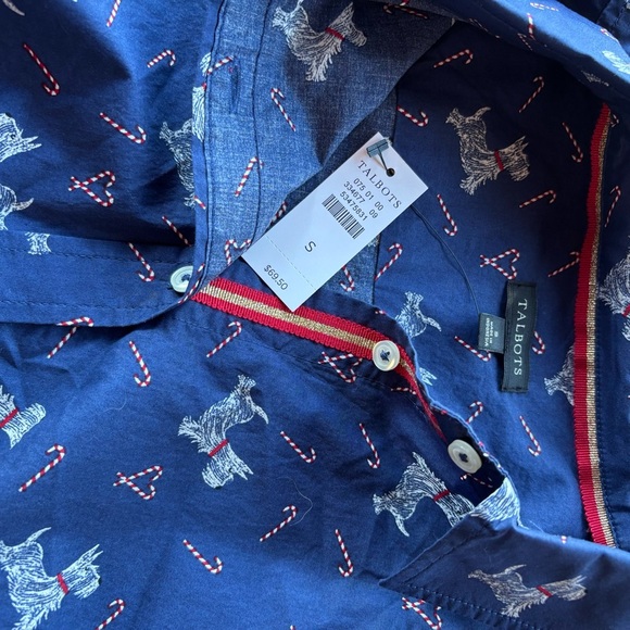 Talbots Navy Blue Button-Down Shirt with Dog and Candy Cane Print. - Picture 3 of 6